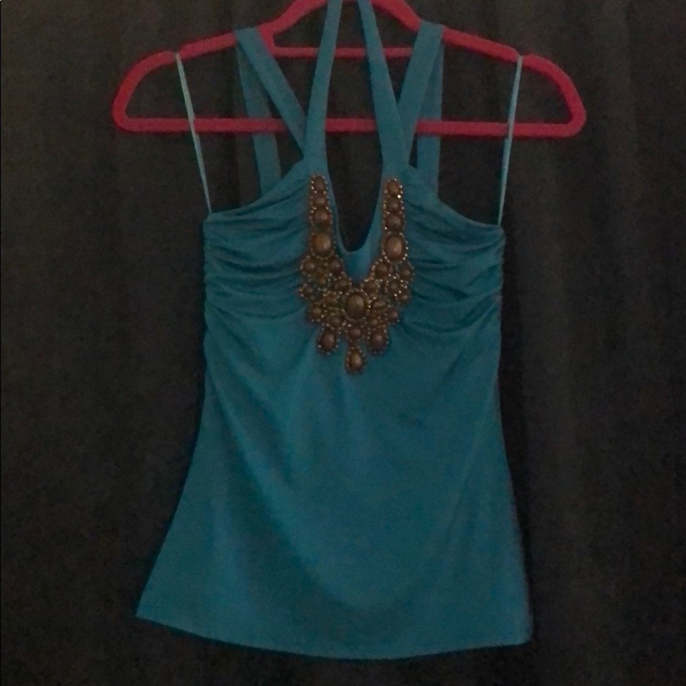 Cache light blue & Gold halter top